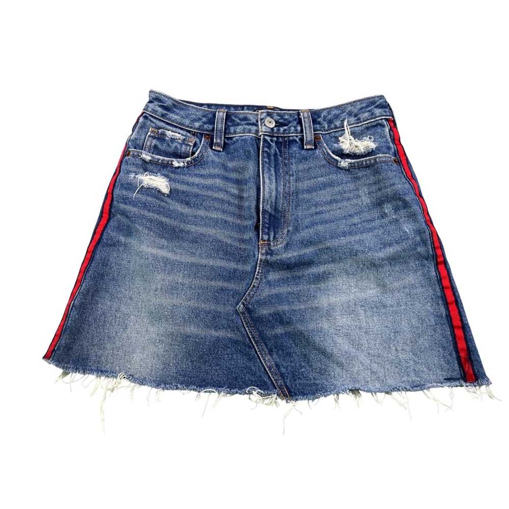 Abercrombie & Fitch Zoe Denim Mini‎ Skirt 26 Red Side Stripe Raw Hem Distressed